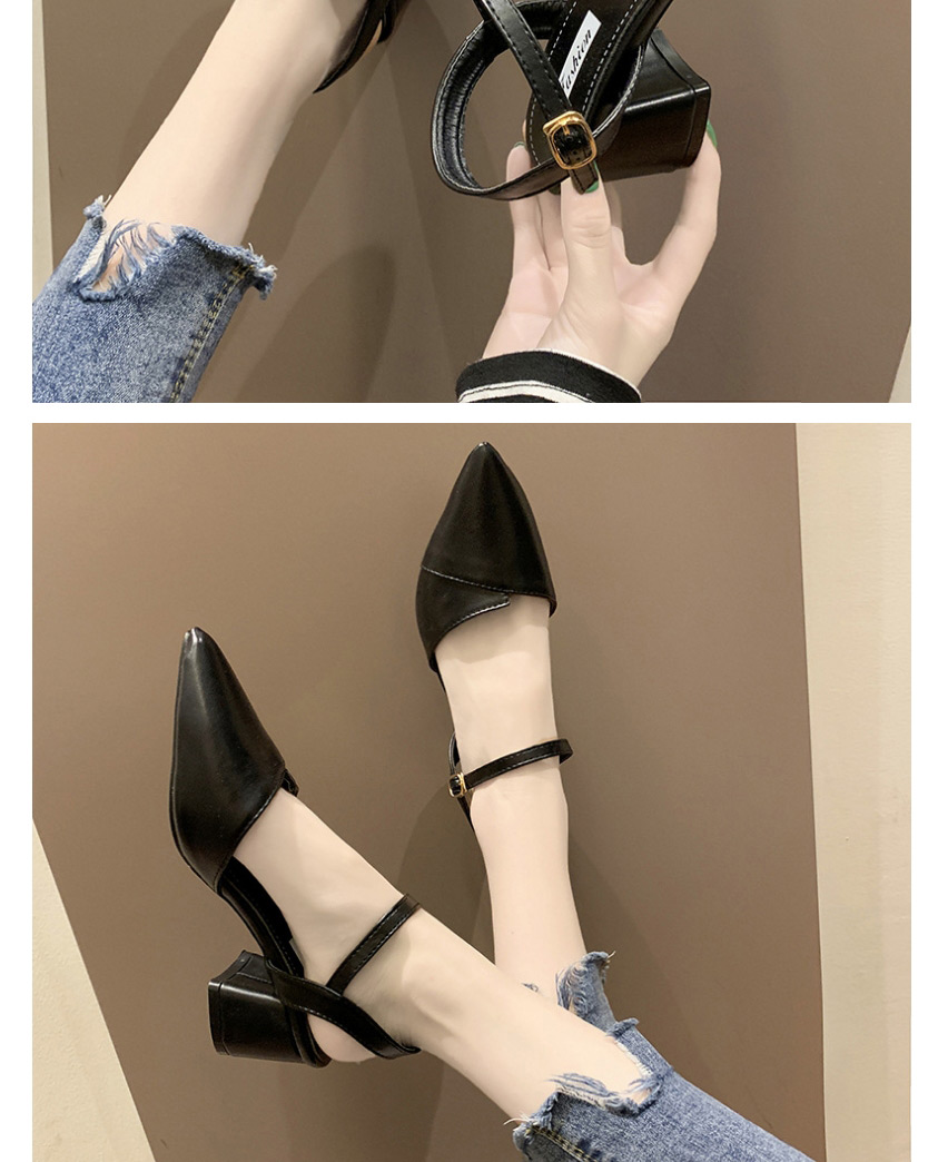 Fashion Black Pointed Toe Slippers With Thick Heel And A Buckle,Slippers