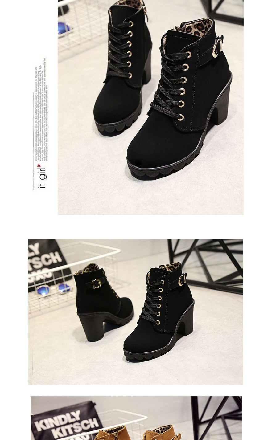 Fashion Black High Block Heel Side Zipper Round Toe Martin Boots,Slippers