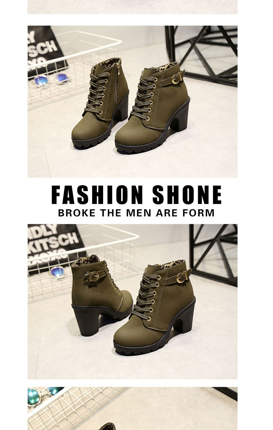 Fashion Armygreen High Block Heel Side Zipper Round Toe Martin Boots,Slippers