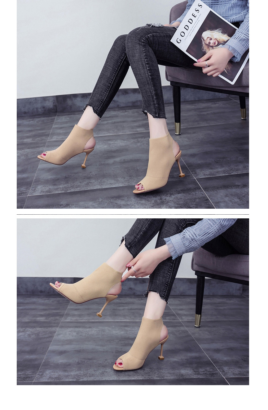 Fashion Apricot Fish Mouth Stiletto Heel Open Toe Knitted Elastic Stretch Sandals,Slippers