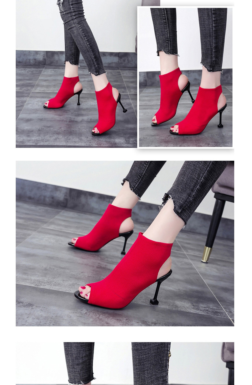 Fashion Apricot Fish Mouth Stiletto Heel Open Toe Knitted Elastic Stretch Sandals,Slippers