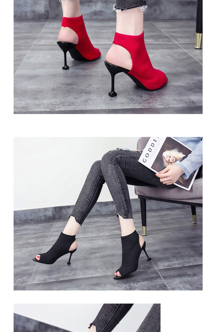 Fashion Black Fish Mouth Stiletto Heel Open Toe Knitted Elastic Stretch Sandals,Slippers