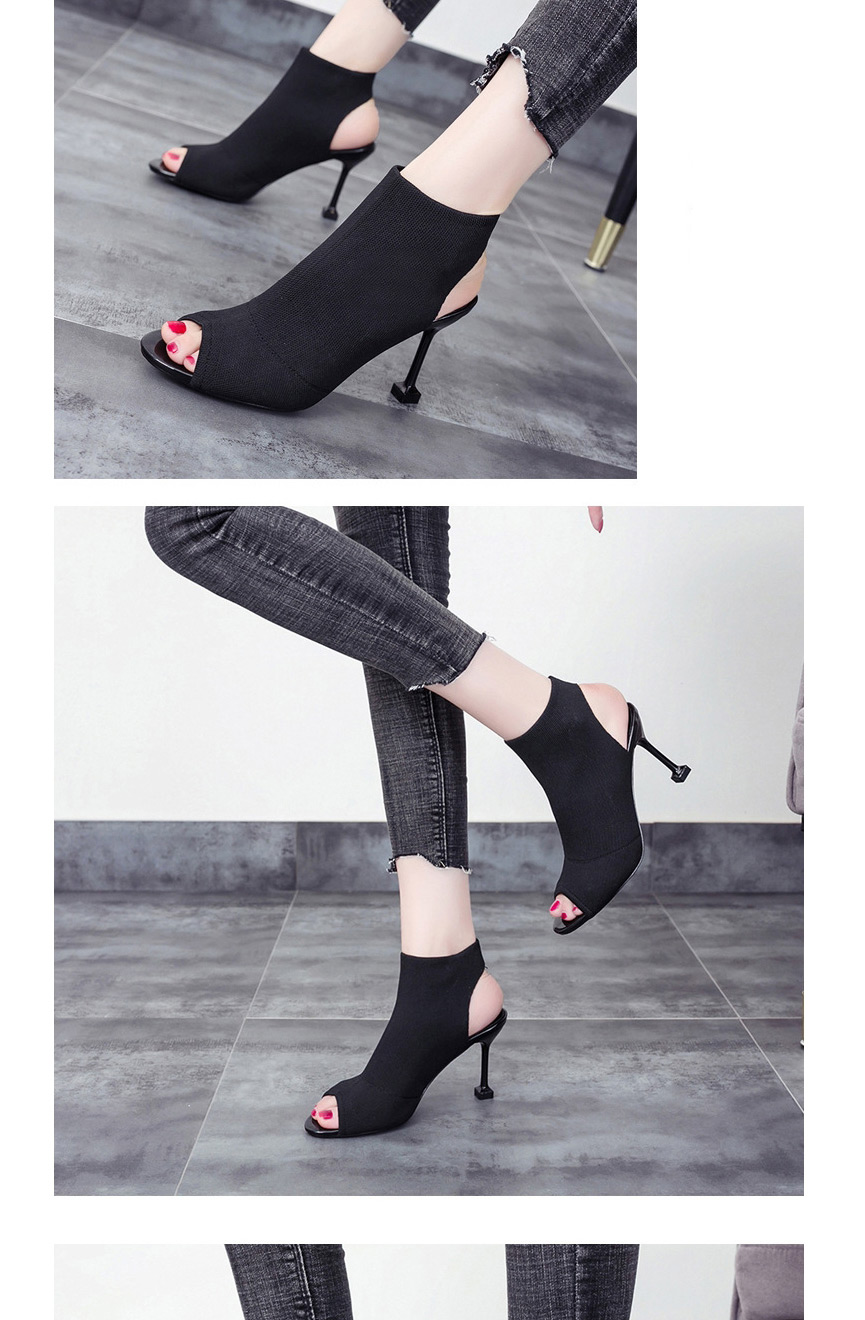 Fashion Black Fish Mouth Stiletto Heel Open Toe Knitted Elastic Stretch Sandals,Slippers