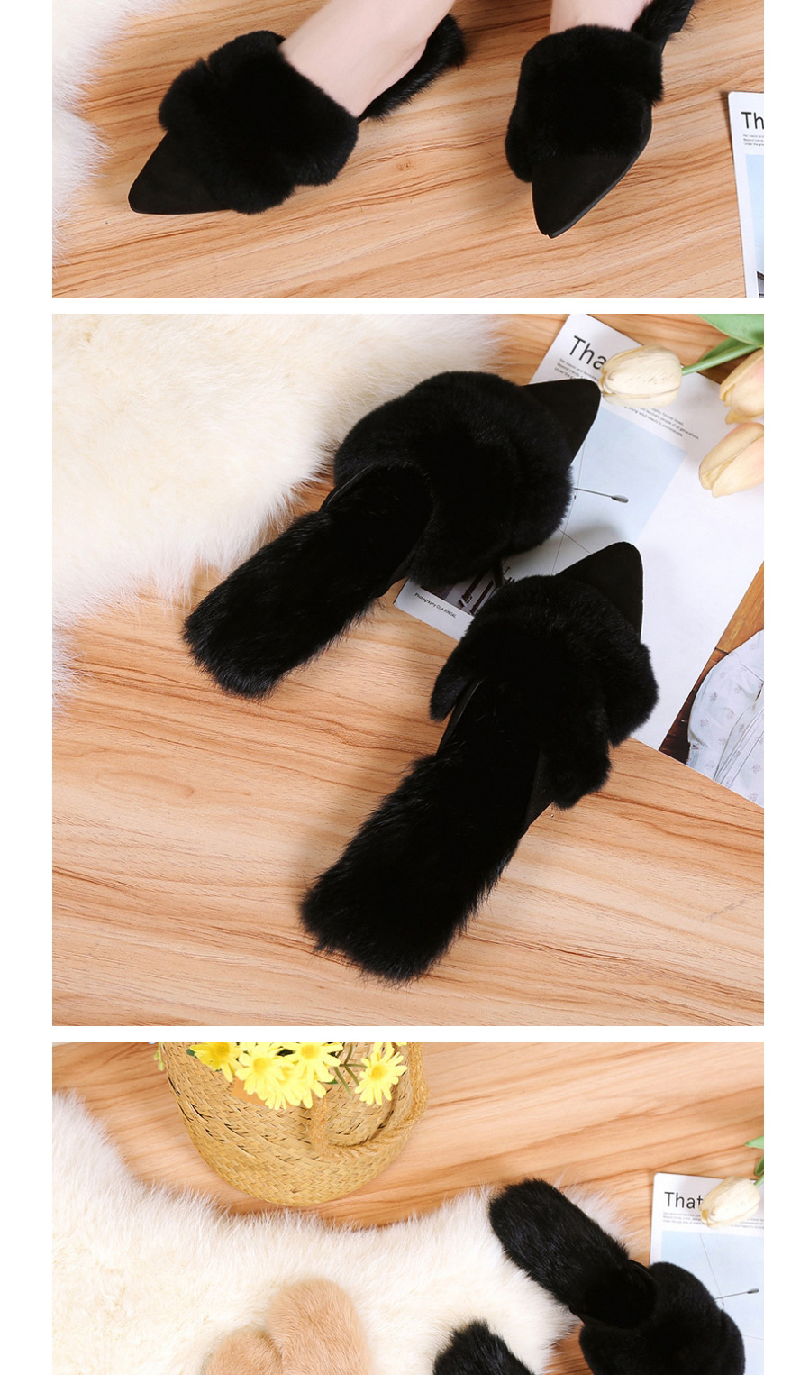 Fashion Khaki Pointed Hairy Stitching Baotou Half Slippers,Slippers