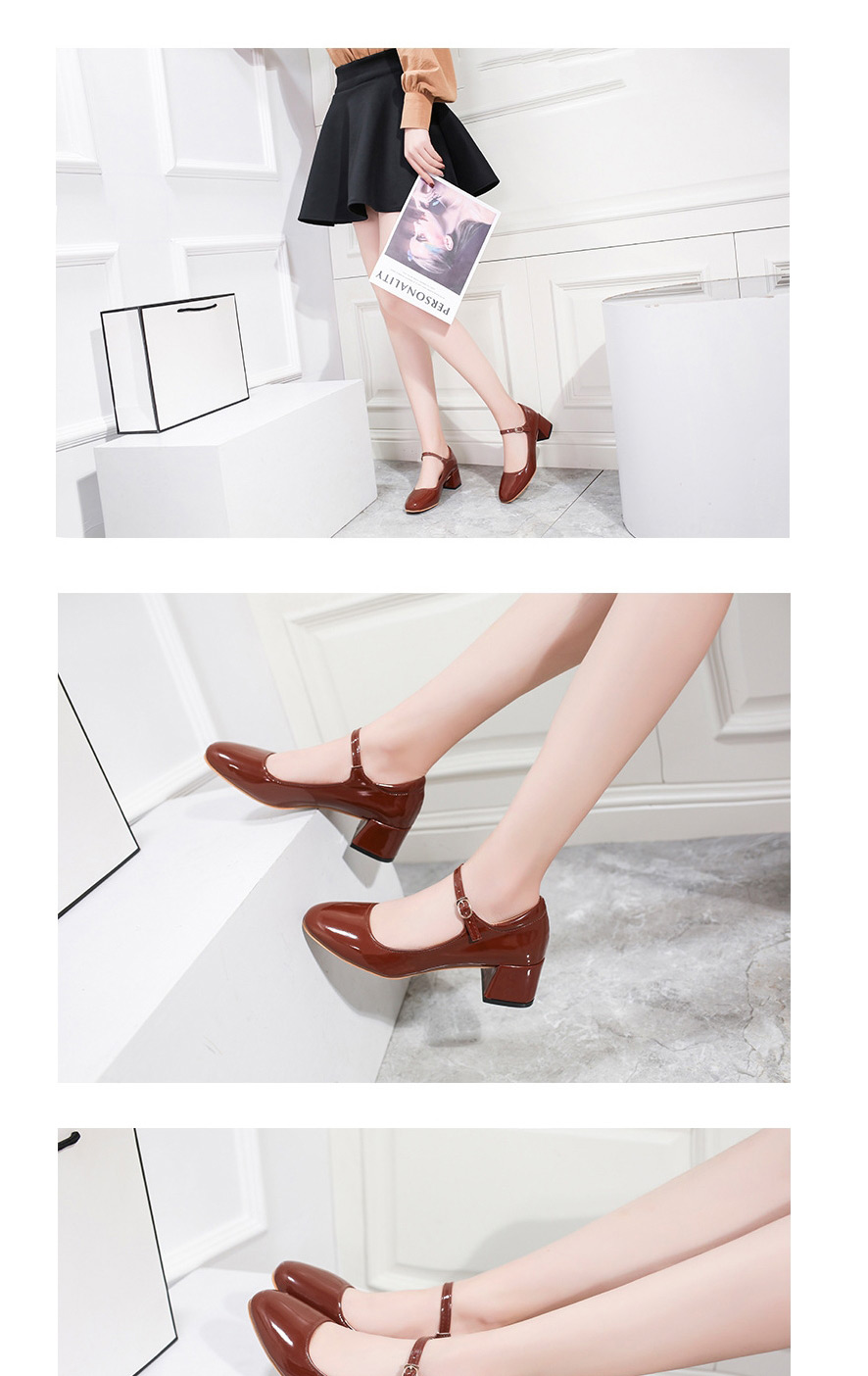 Fashion Red-brown Medium Chunky Heel Square Toe Patent Leather Shoes,Slippers