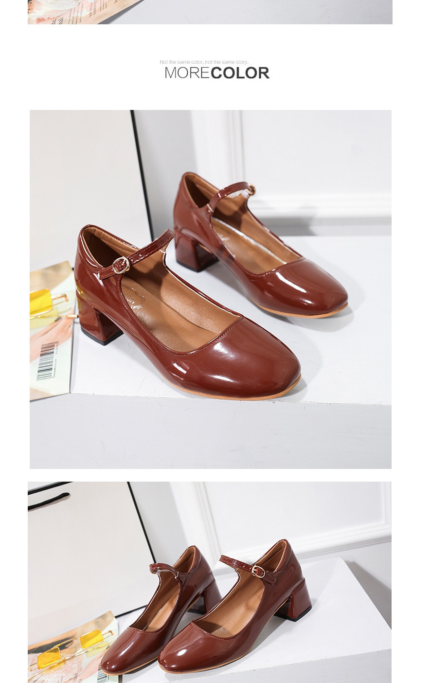 Fashion Red-brown Medium Chunky Heel Square Toe Patent Leather Shoes,Slippers