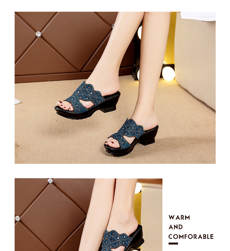 Fashion Blue Flat Rhinestone High Thick Heel Flat Large Size Sandals And Slippers,Slippers