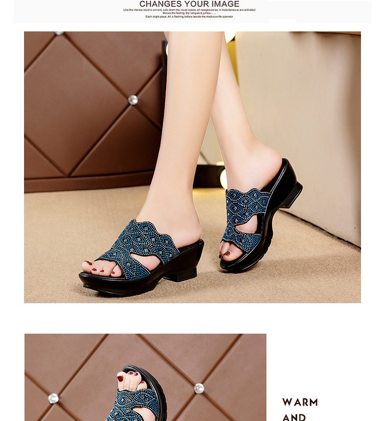 Fashion Blue Flat Rhinestone High Thick Heel Flat Large Size Sandals And Slippers,Slippers