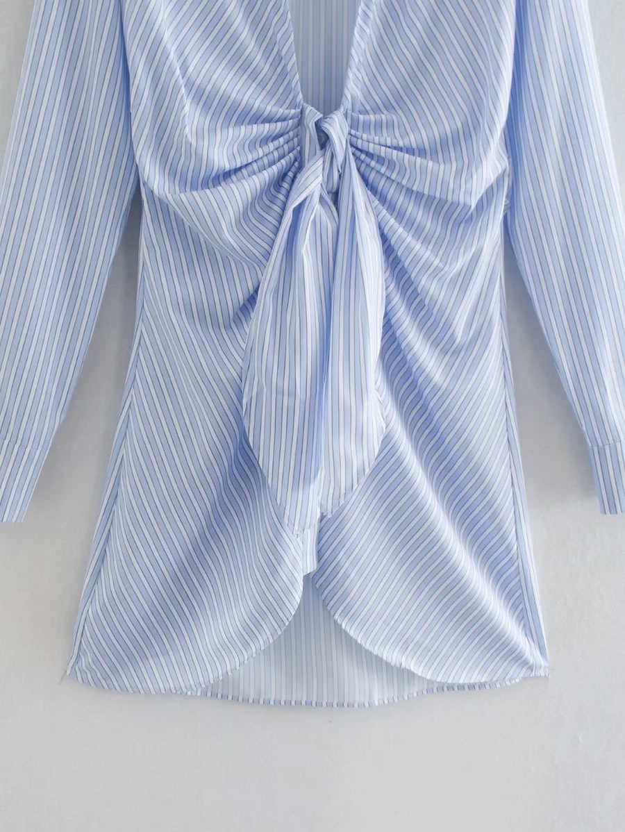 Fashion Blue Stripes Striped Neckline Tie Long Sleeve Dress,Long Dress