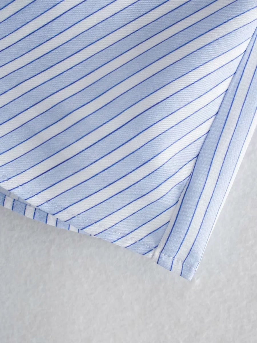 Fashion Blue Stripes Striped Neckline Tie Long Sleeve Dress,Long Dress