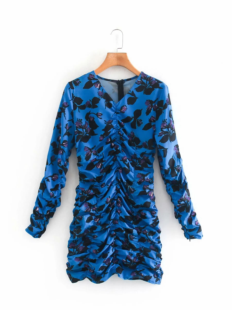 Fashion Blue Pleated Print Long Sleeve Dress,Long Dress