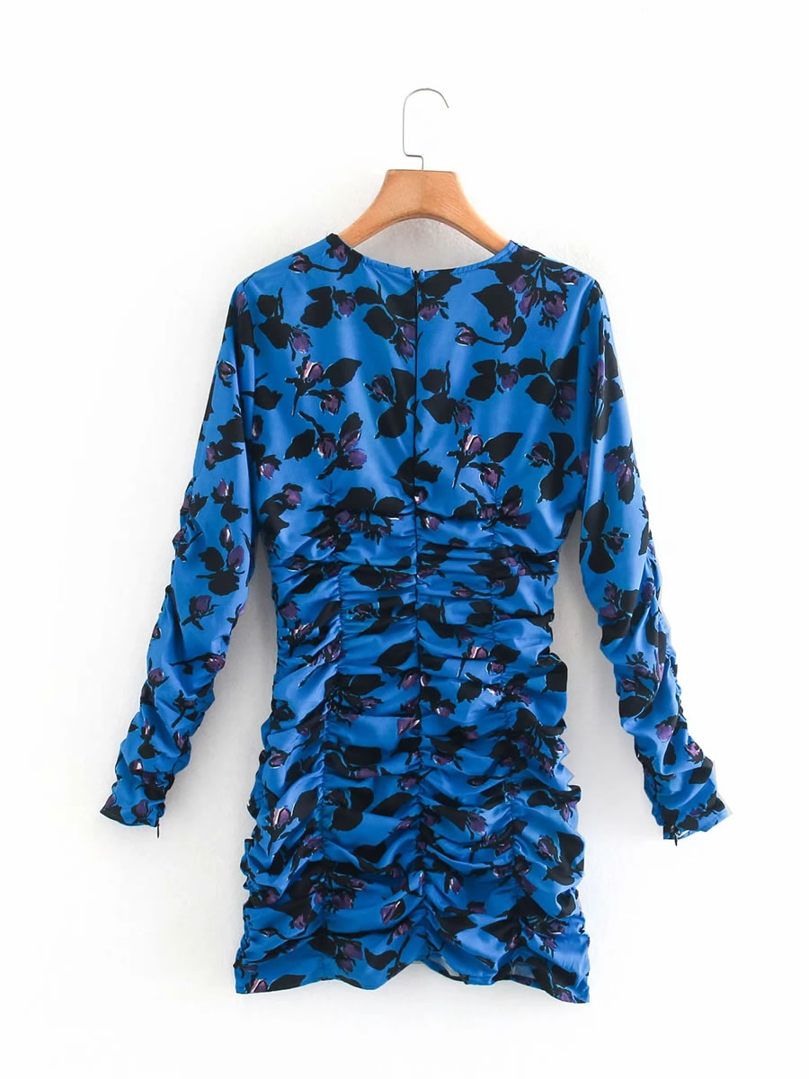 Fashion Blue Pleated Print Long Sleeve Dress,Long Dress