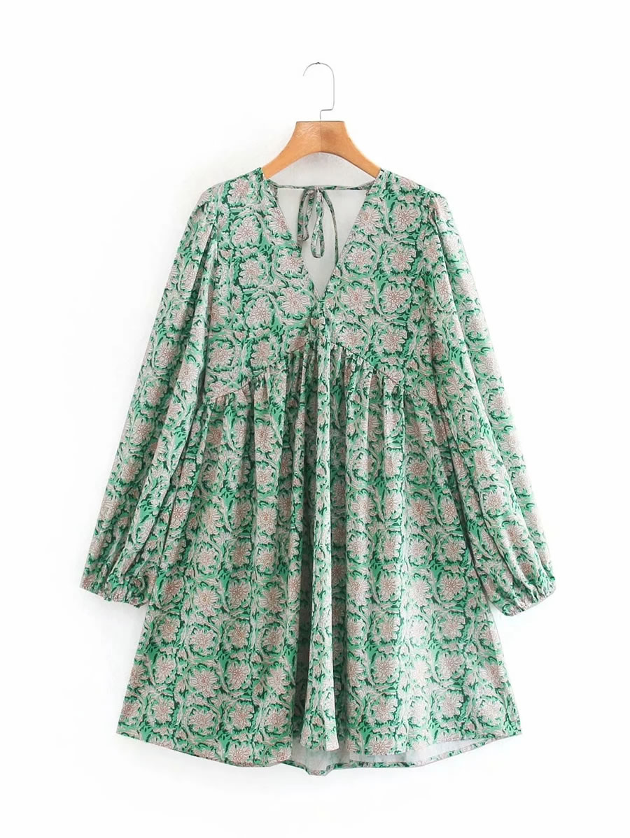 Fashion Green Floral V-neck Puff Sleeve Printed Jumpsuit,Tank Tops & Camis
