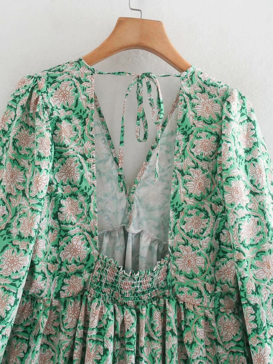 Fashion Green Floral V-neck Puff Sleeve Printed Jumpsuit,Tank Tops & Camis