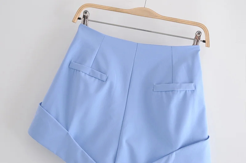 Fashion Blue Single-breasted Panelled Solid Color Pleated Shorts,Shorts