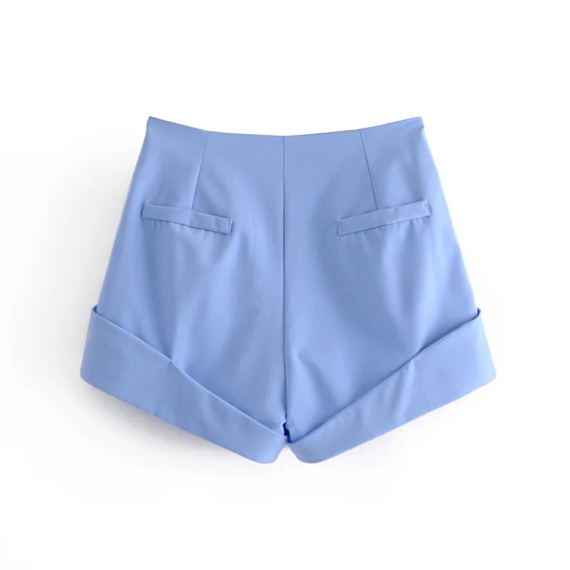 Fashion Blue Single-breasted Panelled Solid Color Pleated Shorts,Shorts