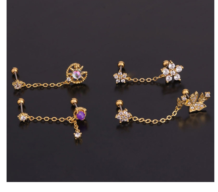 Fashion 4#rose Gold Flower Geometry Inlaid Zircon Stainless Steel Screw Double Pierced Earrings,Earrings