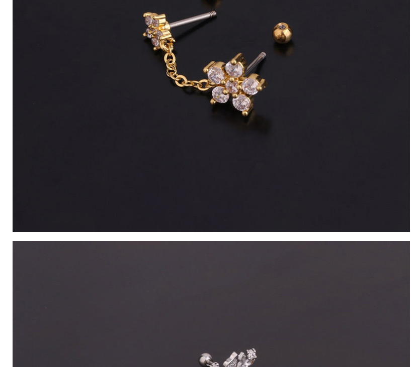Fashion 4#gold Flower Geometric Shape Inlaid Zircon Stainless Steel Screw Double Pierced Earrings,Earrings
