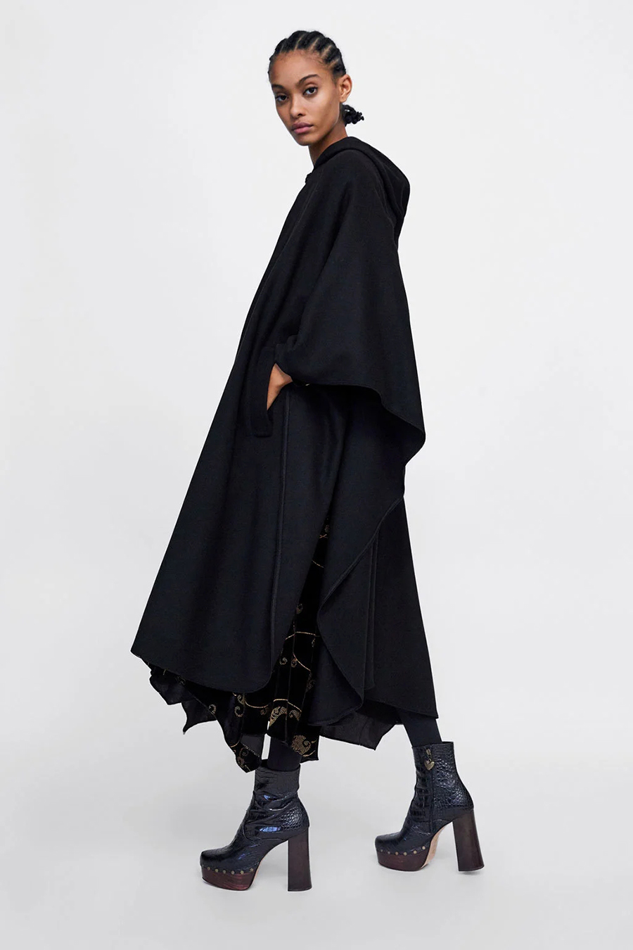Fashion Black Hooded Long Cloak Woolen Coat,Coat-Jacket