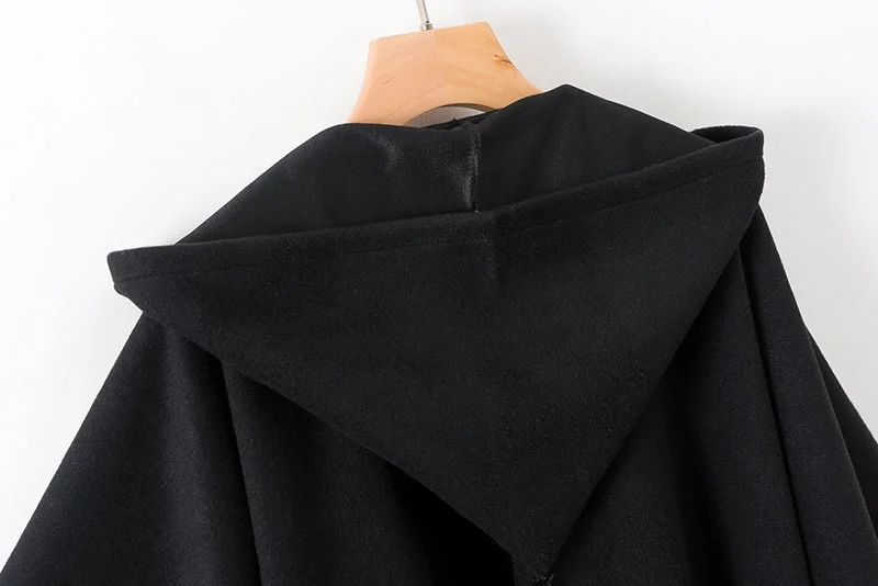 Fashion Black Hooded Long Cloak Woolen Coat,Coat-Jacket