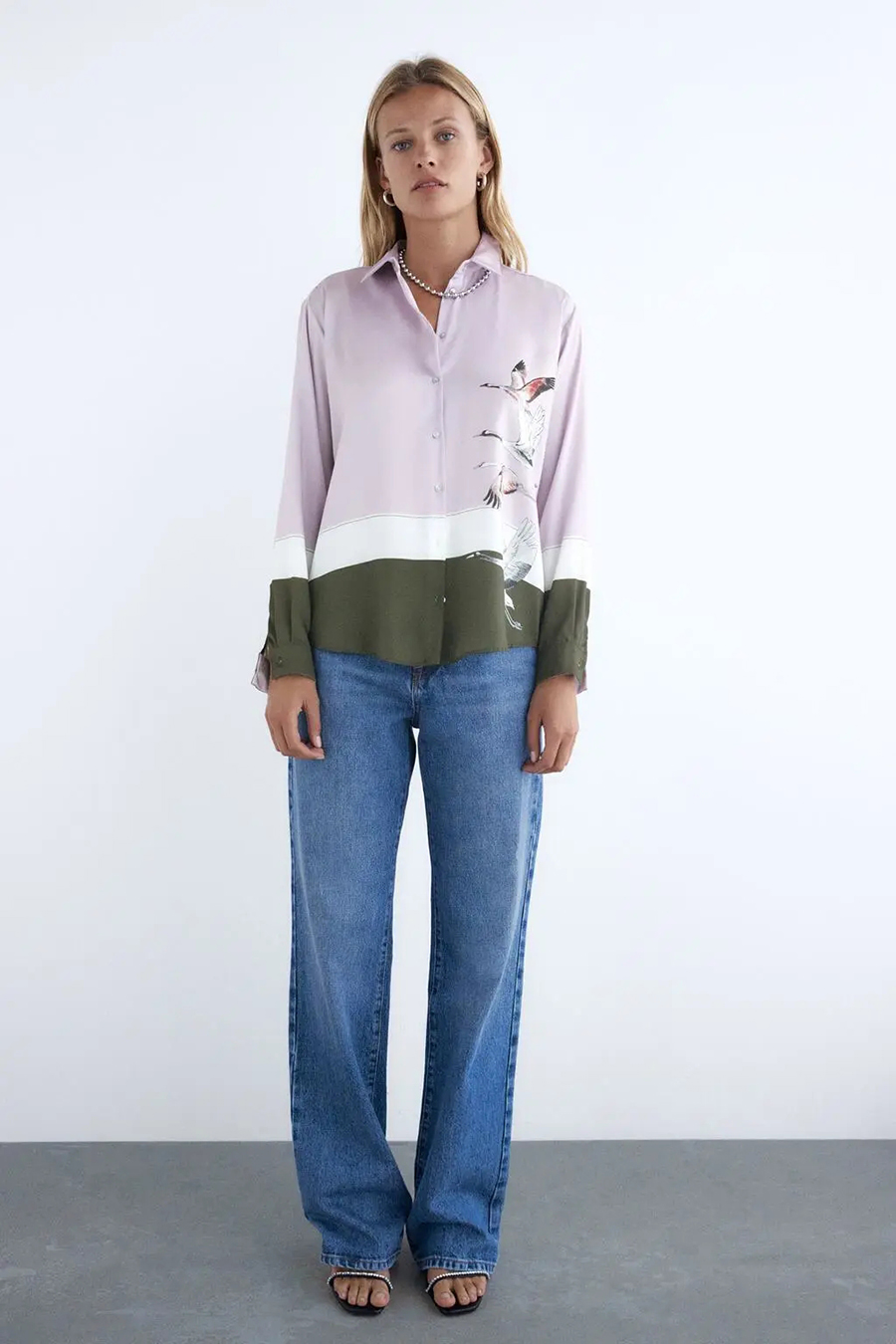 Fashion Purple Printed Crane Contrast Loose Shirt,Tank Tops & Camis