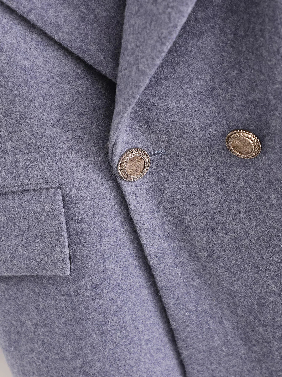 Fashion Haze Blue Textured Double Button Long Coat Coat,Coat-Jacket