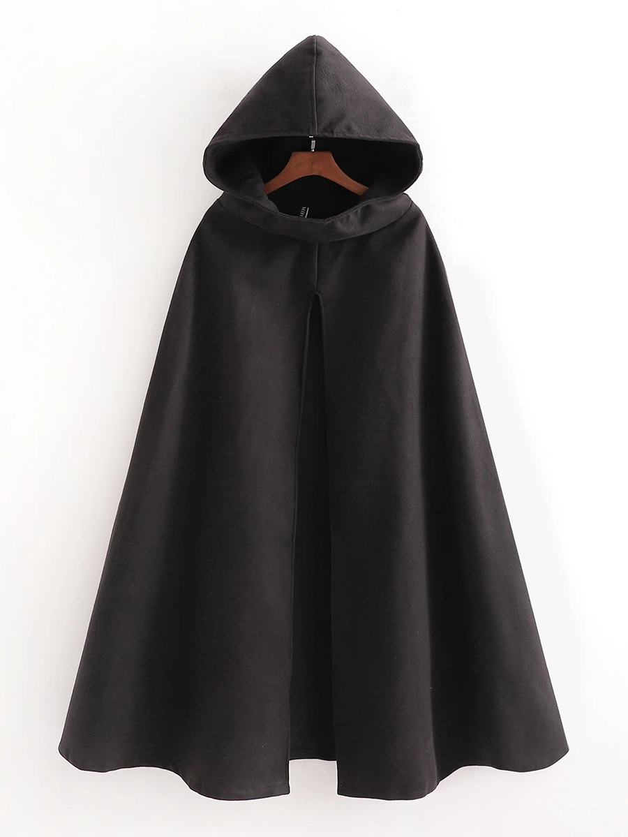 Fashion Black Pure Color Hooded Woolen Cloak Coat,Coat-Jacket