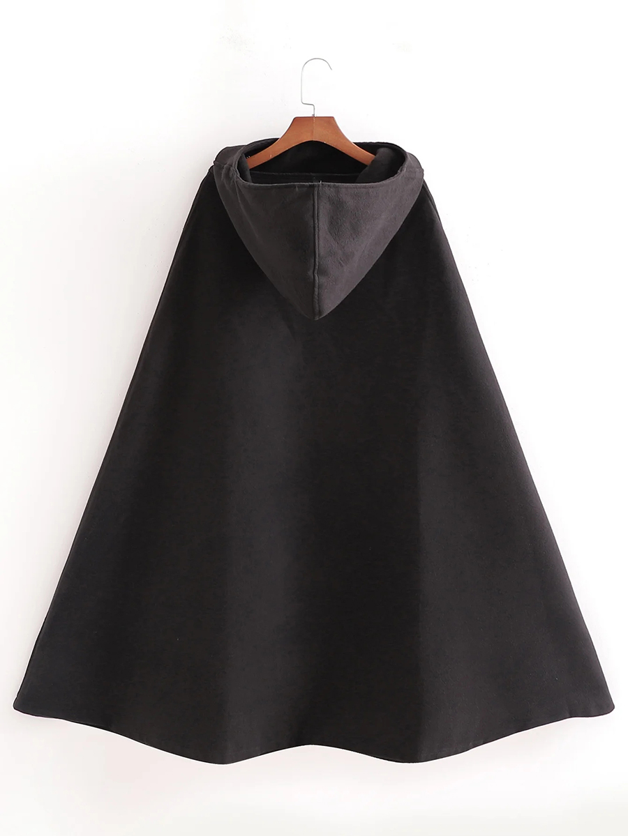 Fashion Black Pure Color Hooded Woolen Cloak Coat,Coat-Jacket