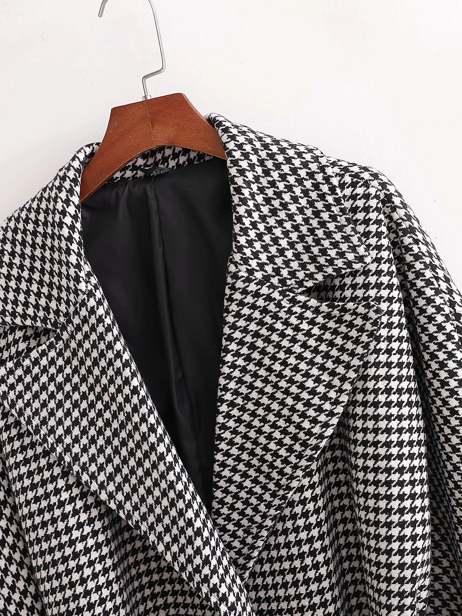 Fashion Black And White Houndstooth Belted Coat Coat,Coat-Jacket