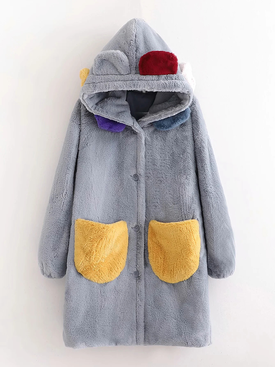 Fashion Gray Faux Rabbit Fur Hooded Contrast Fur Coat Coat,Coat-Jacket