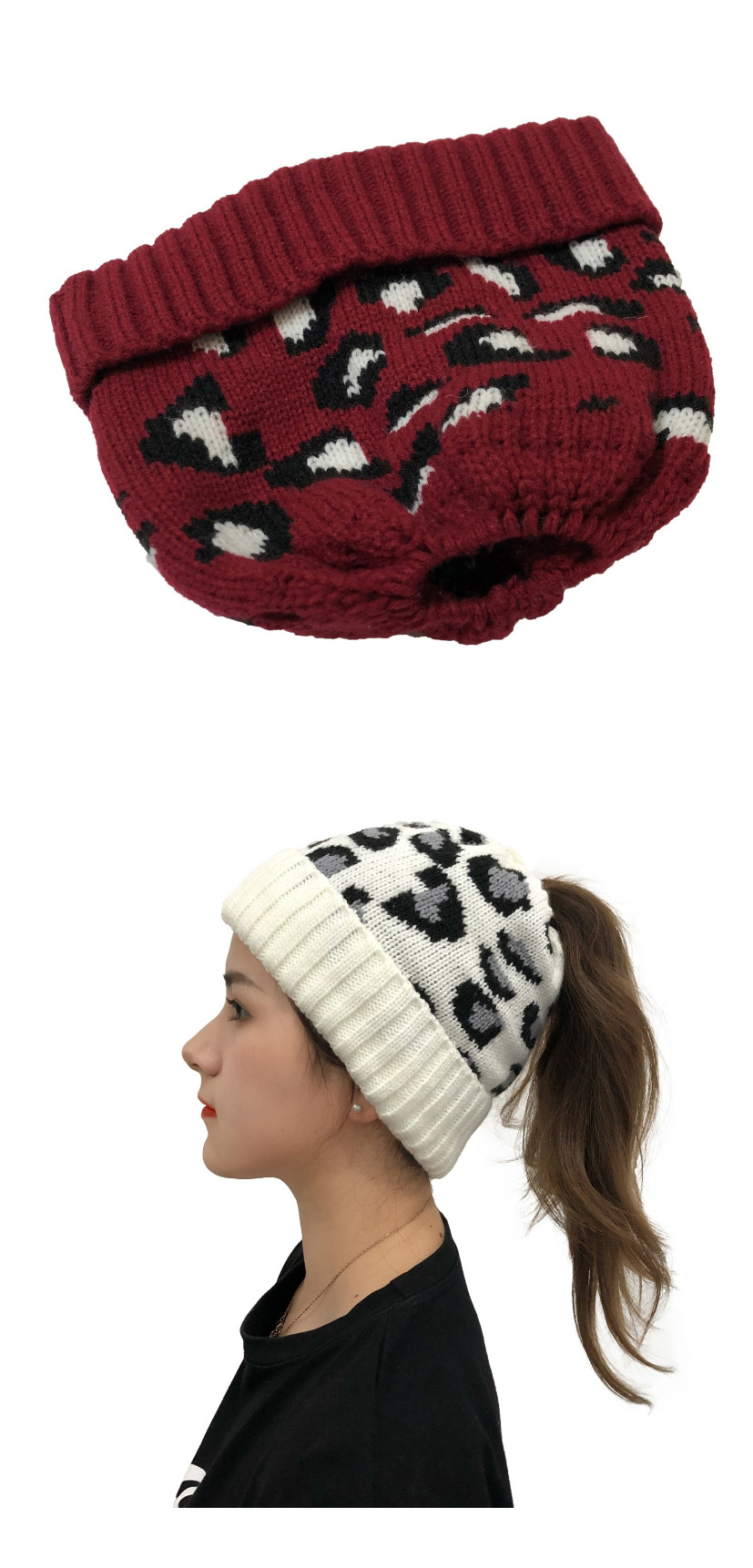 Fashion Black Leopard Jacquard Ponytail Knitted Beanie,Knitting Wool Hats