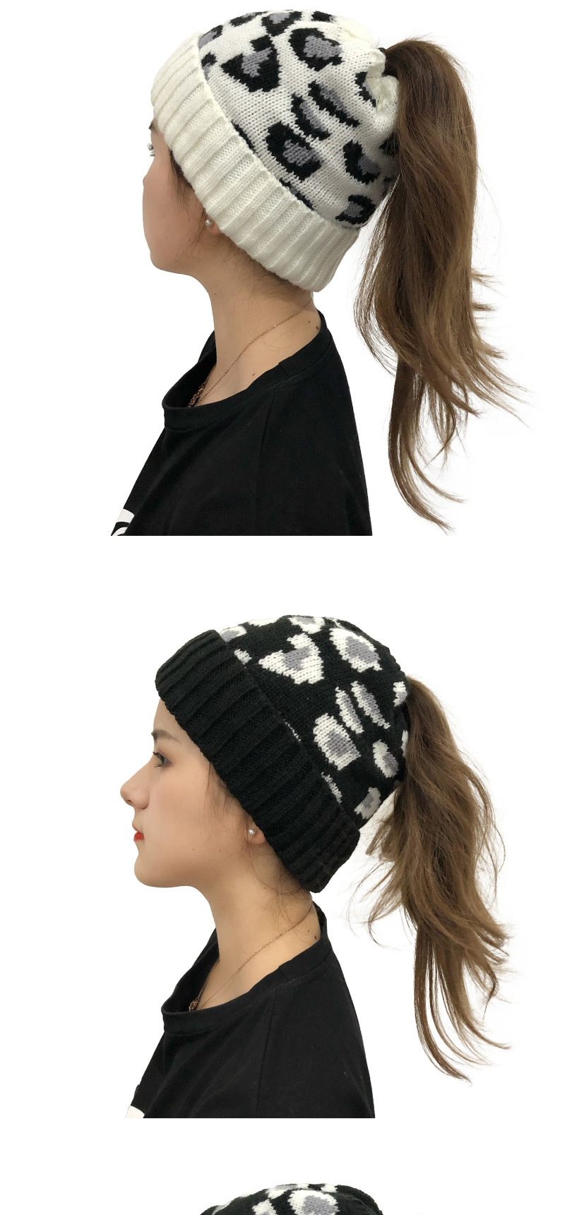 Fashion White Leopard Jacquard Ponytail Knitted Beanie,Knitting Wool Hats