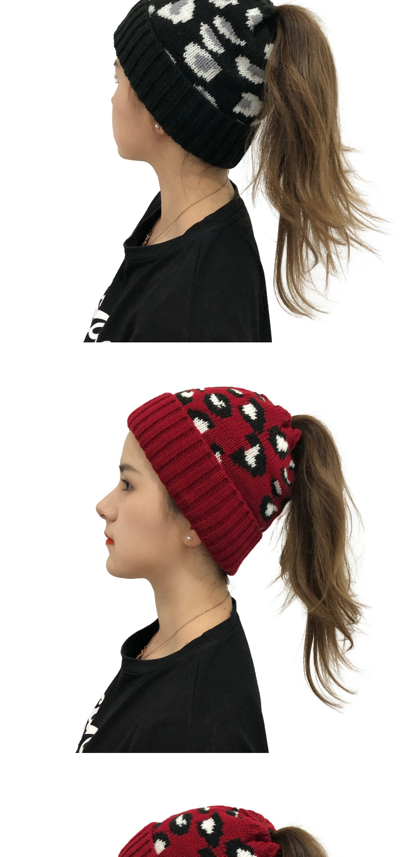 Fashion Camel Leopard Jacquard Ponytail Knitted Beanie,Knitting Wool Hats