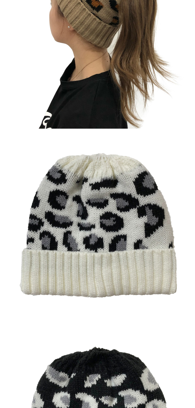 Fashion Black Leopard Jacquard Ponytail Knitted Beanie,Knitting Wool Hats