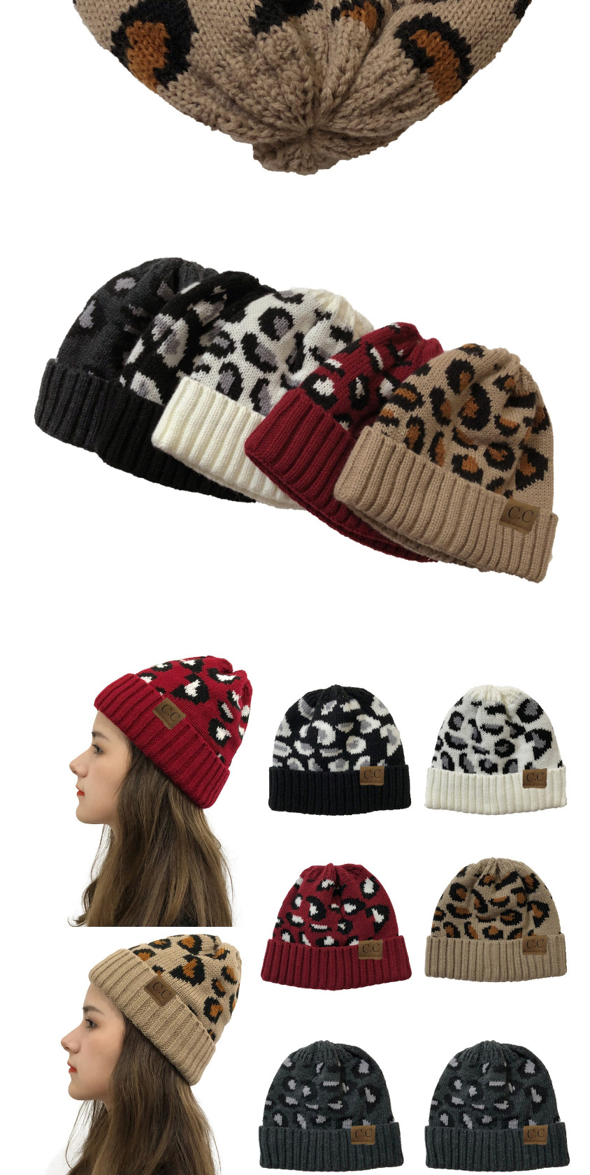Fashion Claret Letter-labeled Leopard-print Curled Knit Hat,Knitting Wool Hats