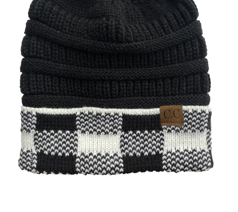 Fashion Black+white Grid Letter Label Large Lattice Curled Knitted Woolen Hat,Knitting Wool Hats