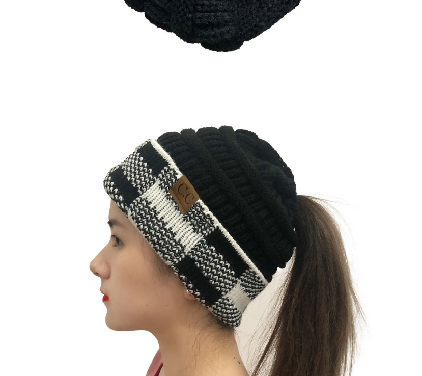 Fashion Black+red Grid Letter Label Large Lattice Curled Knitted Woolen Hat,Knitting Wool Hats