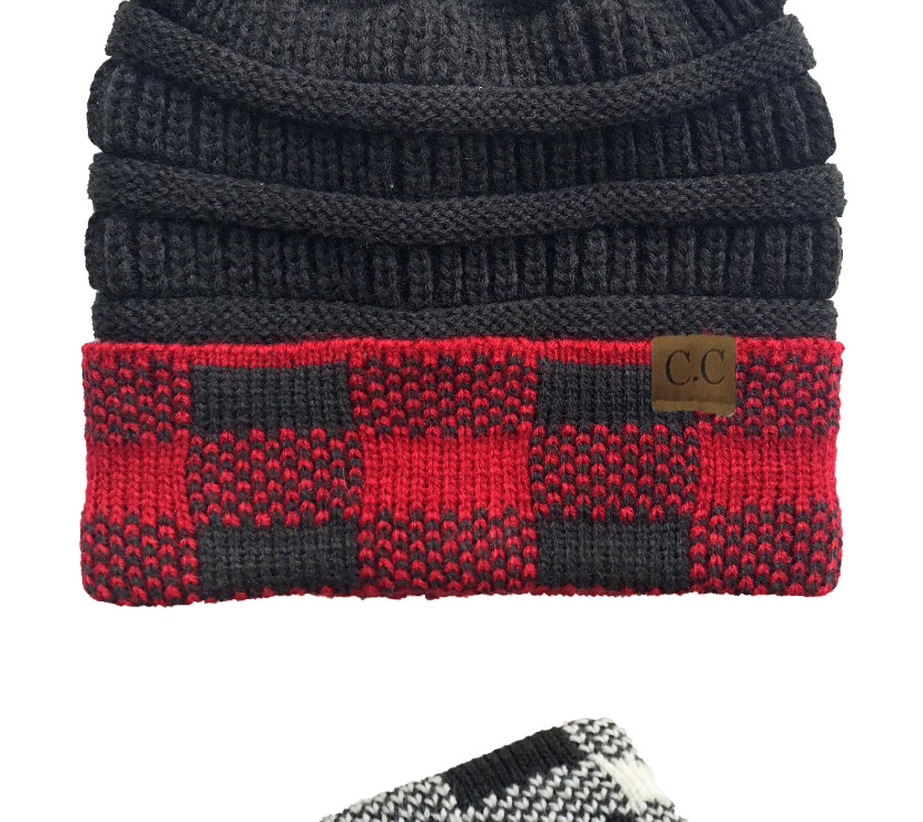 Fashion Black+red Grid Letter Label Large Lattice Curled Knitted Woolen Hat,Knitting Wool Hats