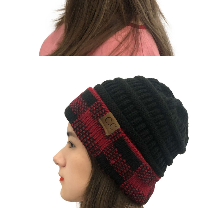Fashion Black+white Grid Large Square Lattice Curled Edge Colorblock Knitted Hat,Knitting Wool Hats