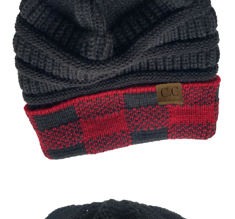 Fashion Black+red Grid Large Square Lattice Curled Edge Colorblock Knitted Hat,Knitting Wool Hats