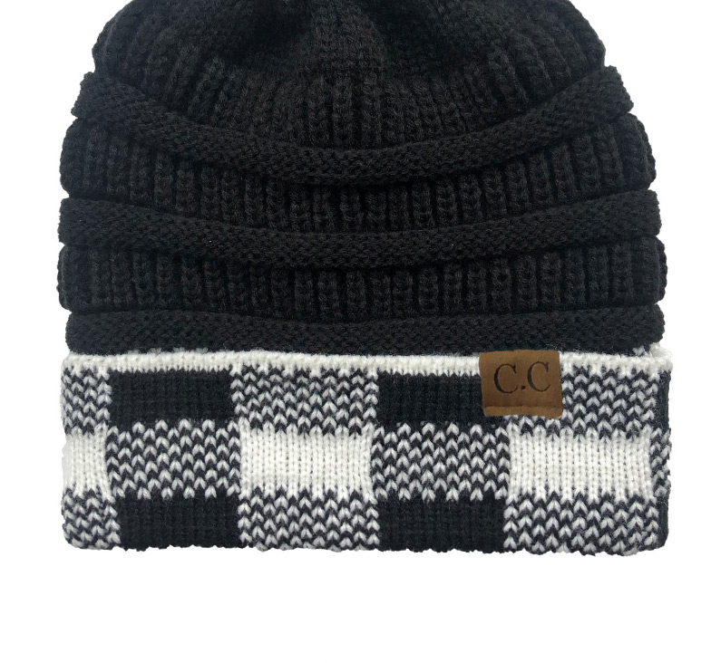Fashion Black+white Grid Large Square Lattice Curled Edge Colorblock Knitted Hat,Knitting Wool Hats