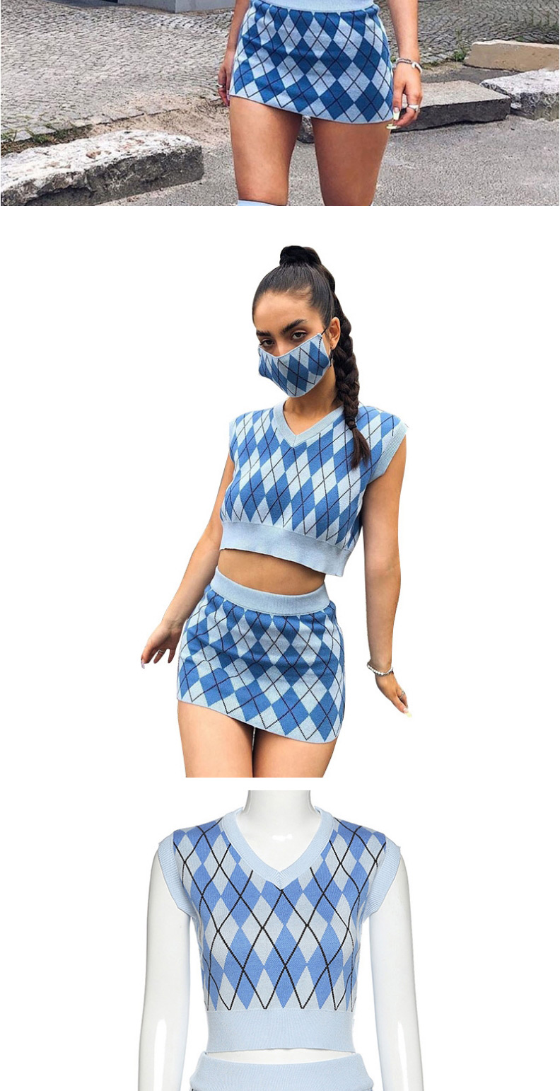 Fashion Blue Plaid Knitted Vest And Hip Skirt Suit,Tank Tops & Camis