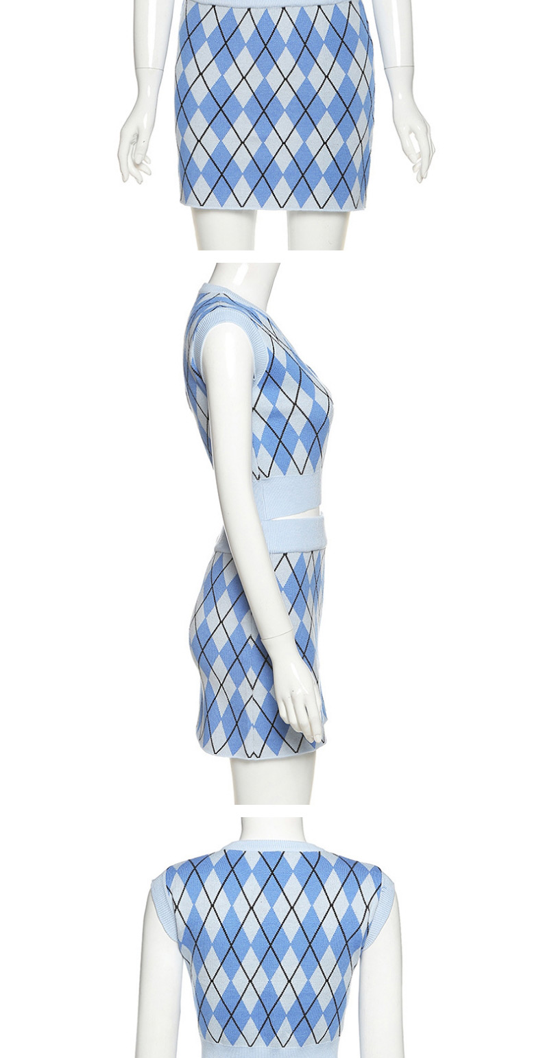 Fashion Blue Plaid Knitted Vest And Hip Skirt Suit,Tank Tops & Camis