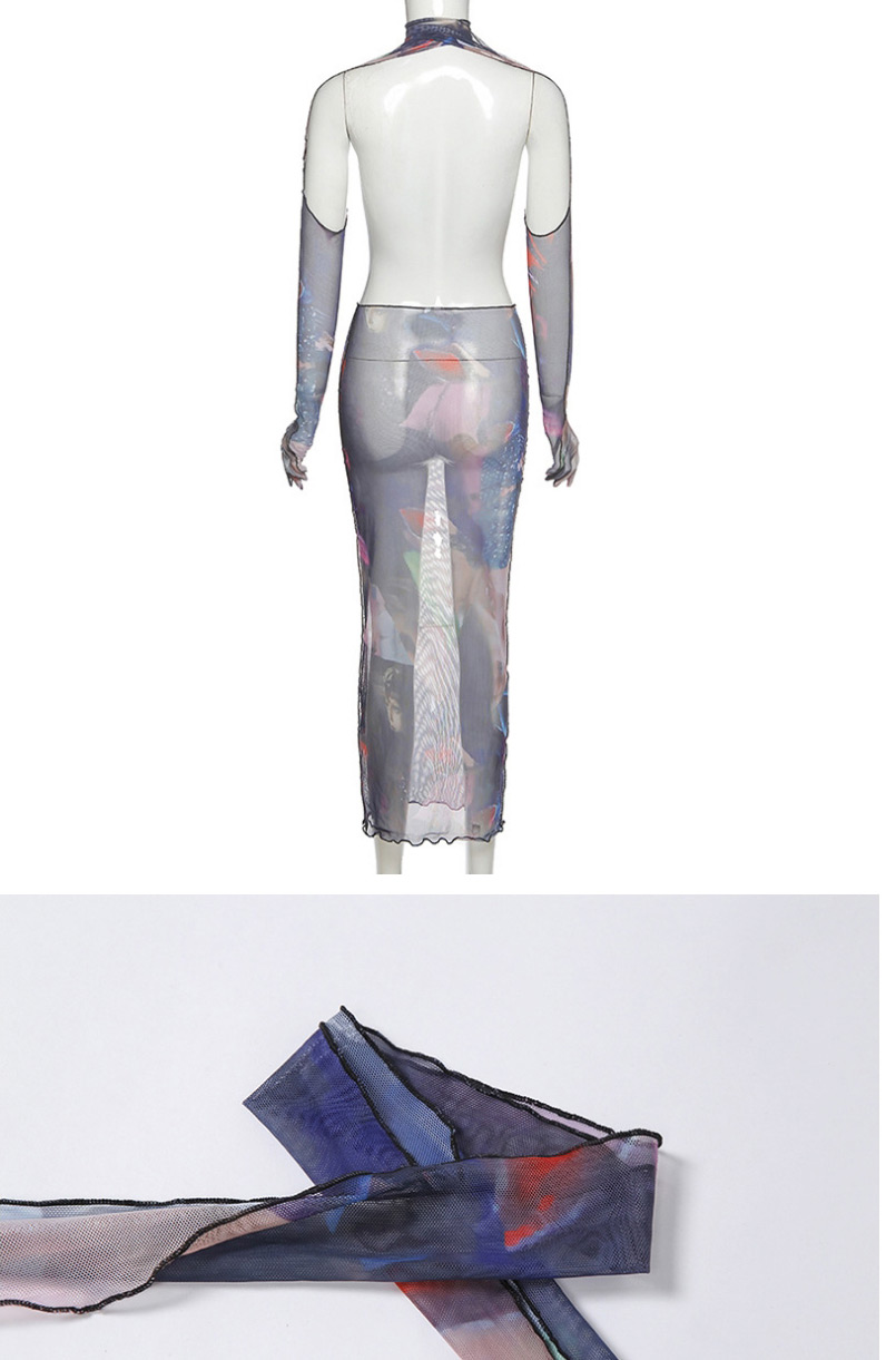 Fashion Blue Halter Vest And Net Gauze Print Skirt Suit,Tank Tops & Camis
