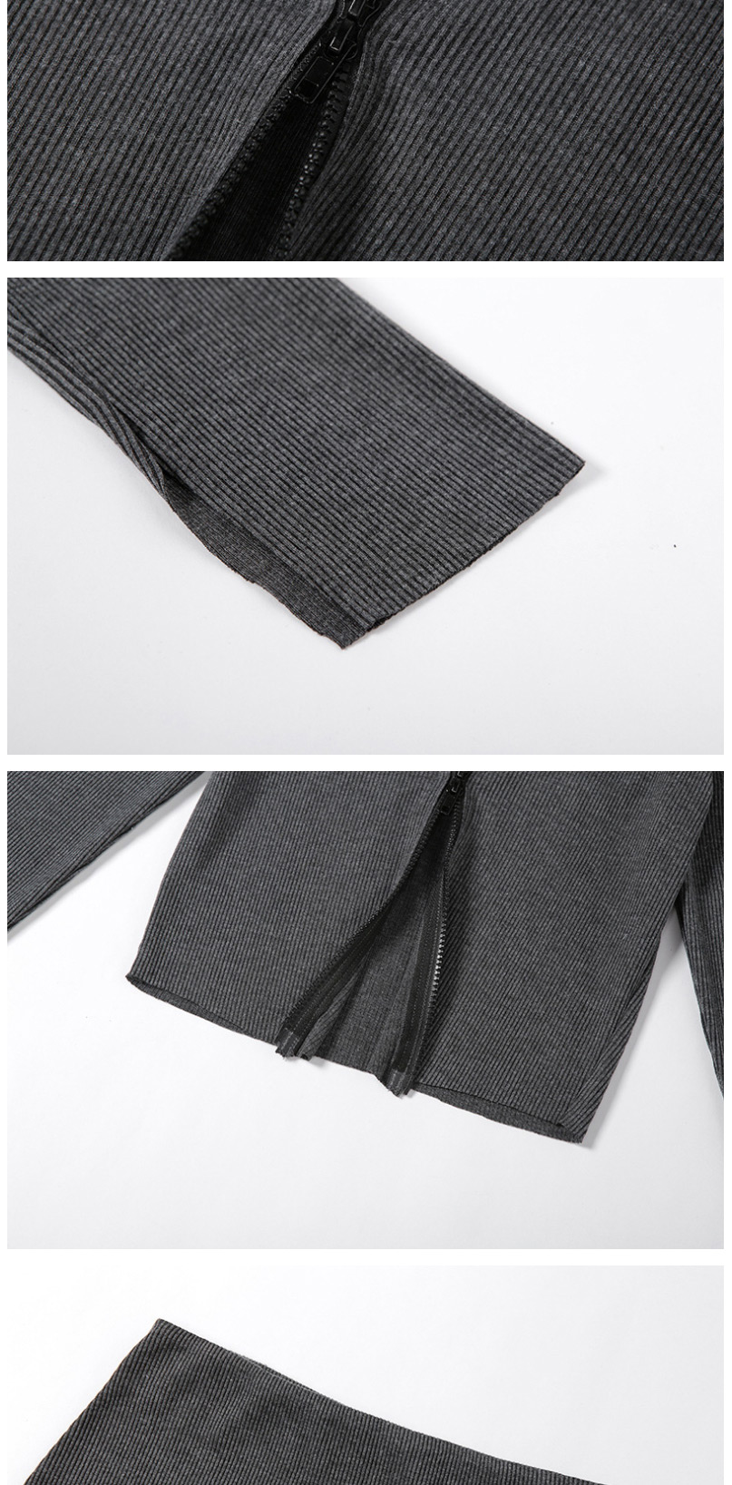 Fashion Dark Gray Long Sleeve Zipper Cardigan High Waist Bag Hip Skirt Suit,Skirts