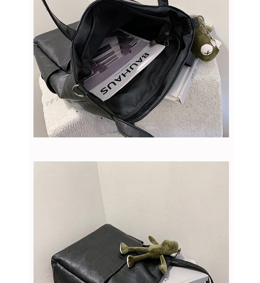 Fashion Black With Frog Pendant Soft Leather Large-capacity Stitching Shoulder Messenger Bag,Shoulder bags