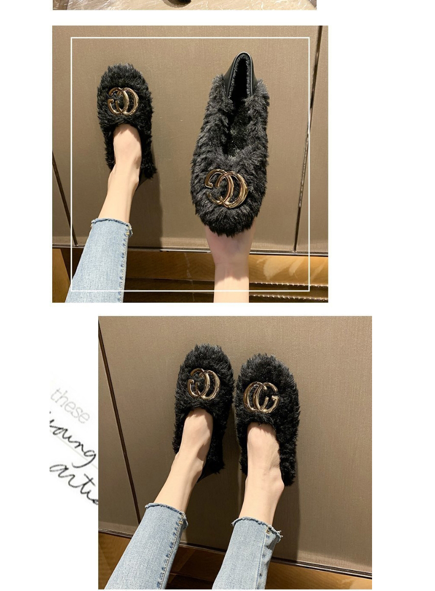 Fashion Creamy-white Metal Letters Round Toe Plush Beanie Shoes,Slippers