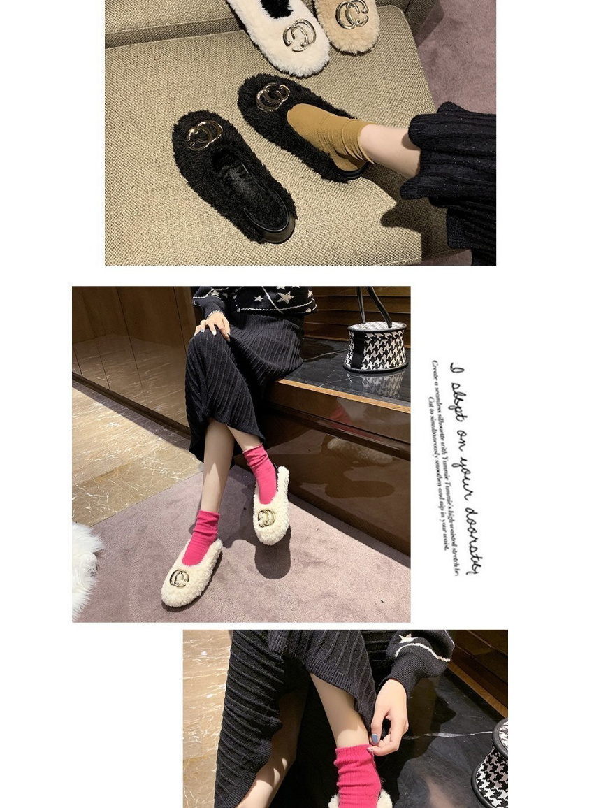 Fashion Apricot Metal Letters Round Toe Plush Beanie Shoes,Slippers