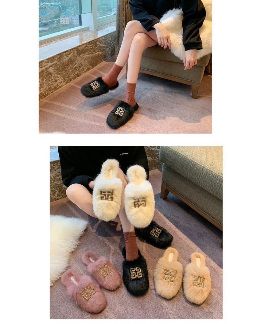 Fashion Pink Pure Color Round Head Rabbit Fur Baotou Fur Slippers,Slippers