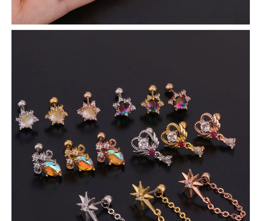 Fashion Gold 4# Stainless Steel Threaded Geometric Earrings With Zircon Flowers,Earrings